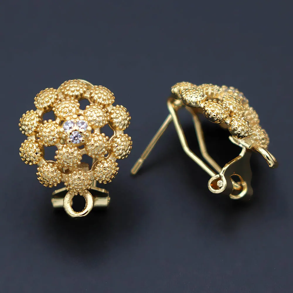 Серьги клипсы с микрозакрепкой филигранные круглые коннекторы фианитом для