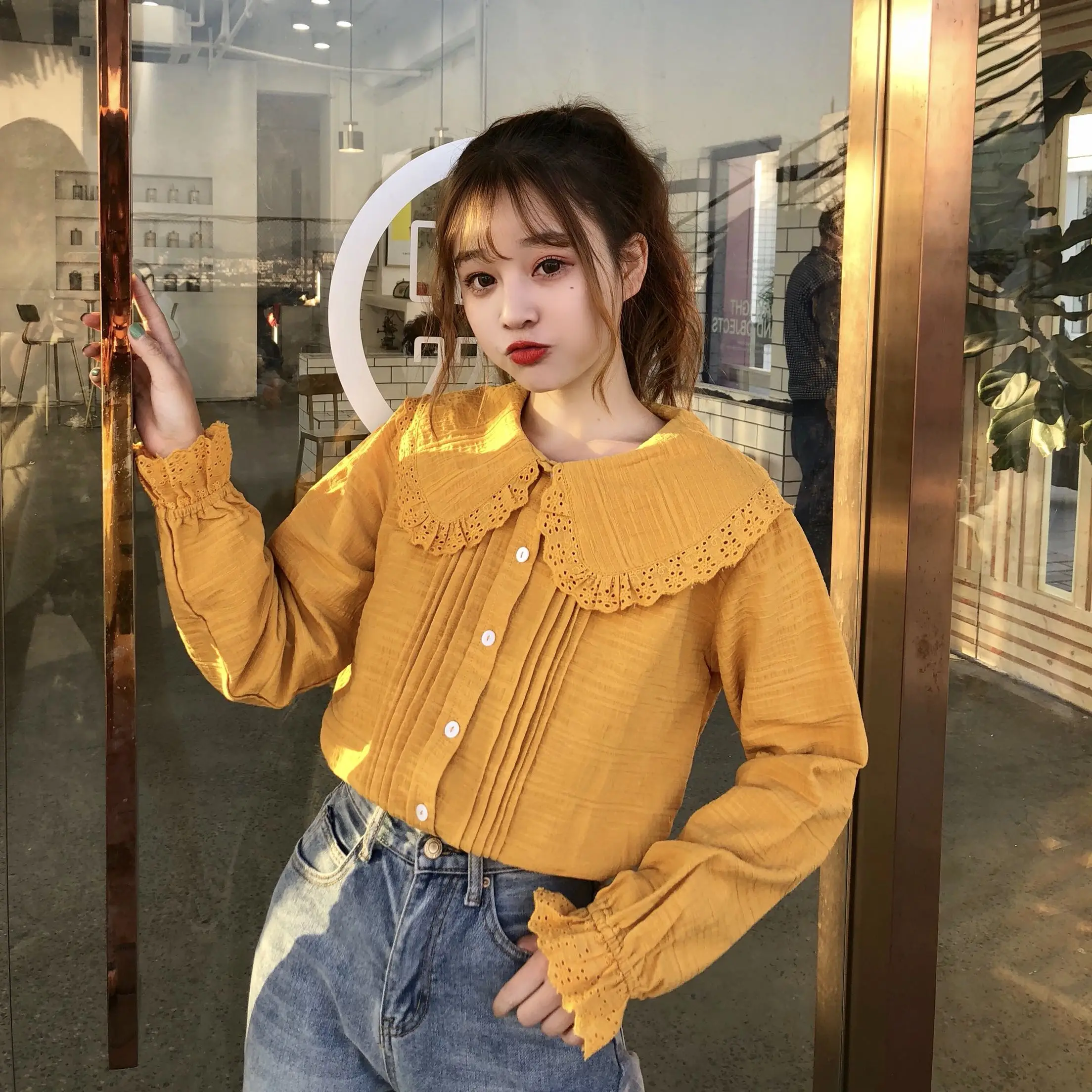 Рубашка женская с длинным рукавом милый Повседневный Топ воротником Питер Пэн