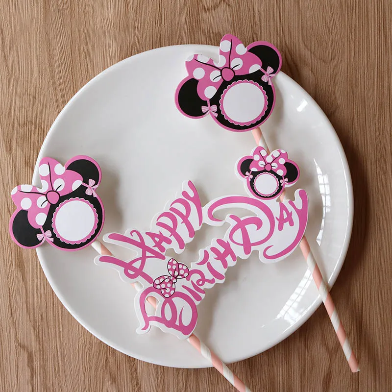 Pink Minnie Минни торт Топпер с бумажной соломинкой для детского душа украшения Anniversaire Микки флажки для торта вечерние кекс - Цвет: Pink Minnie