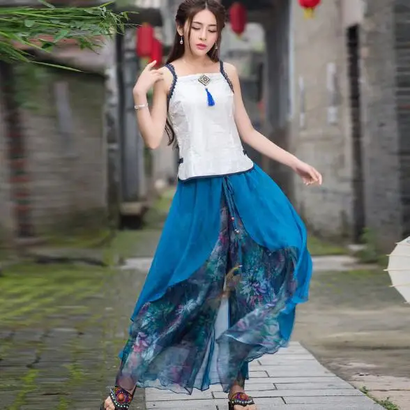 Женские широкие брюки в этническом стиле с принтом AF596 длинные синие пэчворк