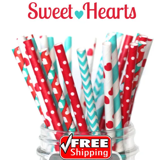 

250pcs Mixed 5 Designs SWEET HEARTS Themed Paper Straws -Teal,Red,Stripes,Polka Dot,Hearts,Chevron,Love,Valentines Day,Wedding