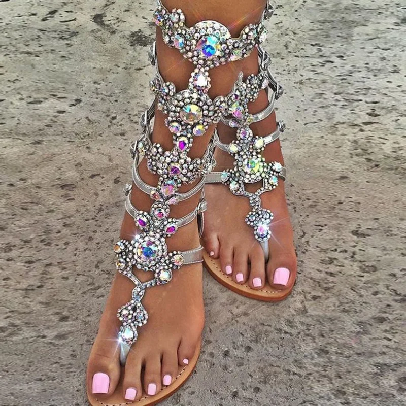Модные блестящие сандалии на плоской подошве с кристаллами пляжная обувь