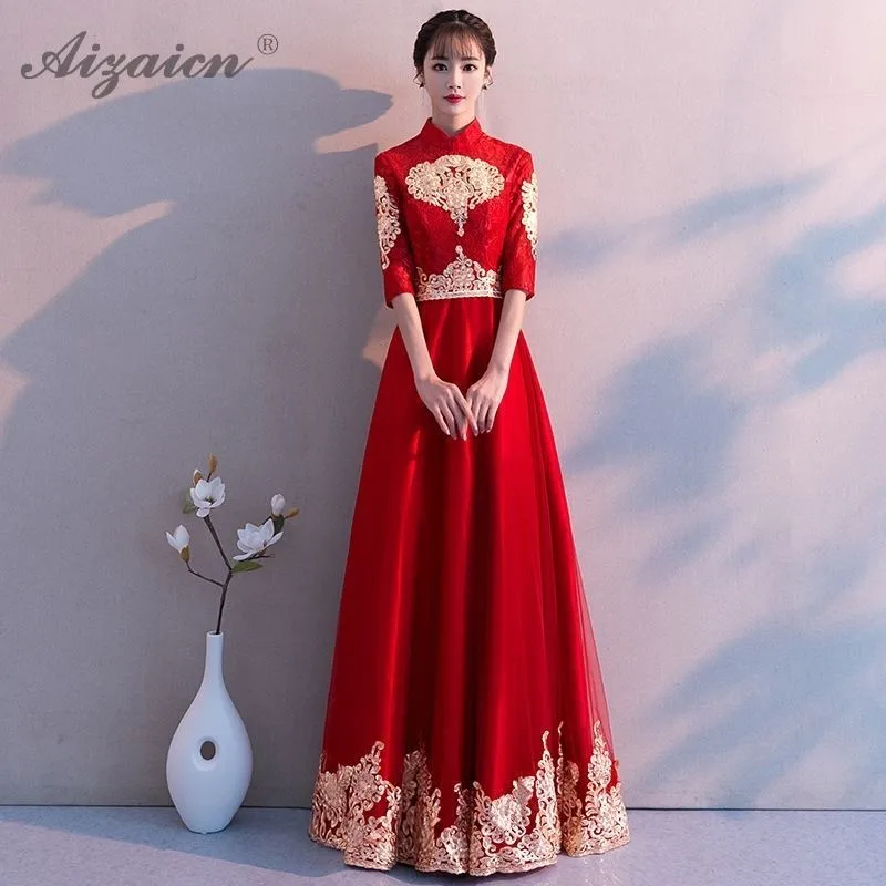 Chinoise Вечерние платья Длинные Qipao Свадебные невесты вышивка красный Традиционный ченсам китайское платье одежда Вечерние платья