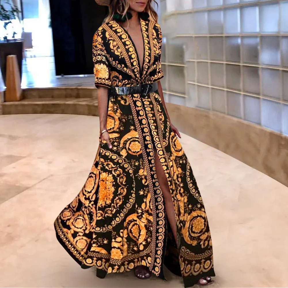 Женское длинное платье с цветочным принтом Boho в пол коротким рукавом и прямым