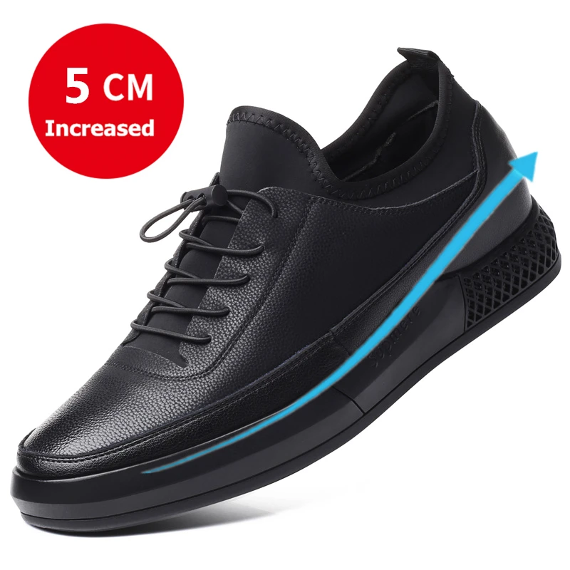 5CM Increased Black Misalwa/повседневные мужские кроссовки из кожи, увеличивающие рост, на 5 см; мужская обувь, увеличивающая рост; повседневная обувь на толстой подошве для молодых мужчин; сезон весна-осень - Цвет: 5CM Increased Black