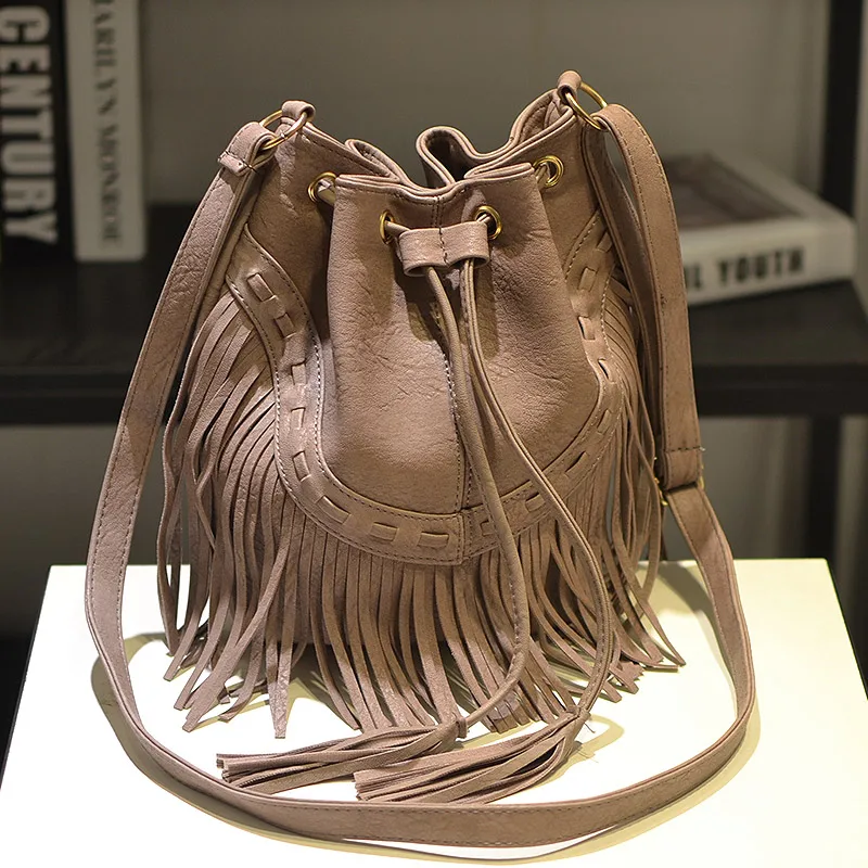 Vintage Tassel Bucket Bag Women 2018 Fashion PU Leather Shoulder Bags Black Brown Pink Gray Female Drawstring Crossbody | Багаж и сумки