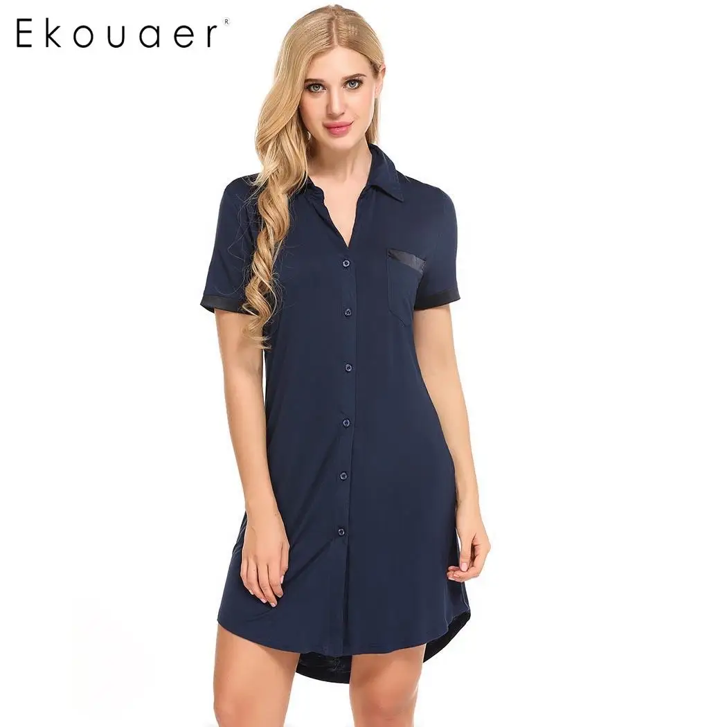 navy blue Ekouaer, Женское ночное платье, ночная рубашка пижама, на пуговицах, короткий рукав, ночная рубашка, сорочка, ночное платье, женская домашняя одежда - Цвет: navy blue