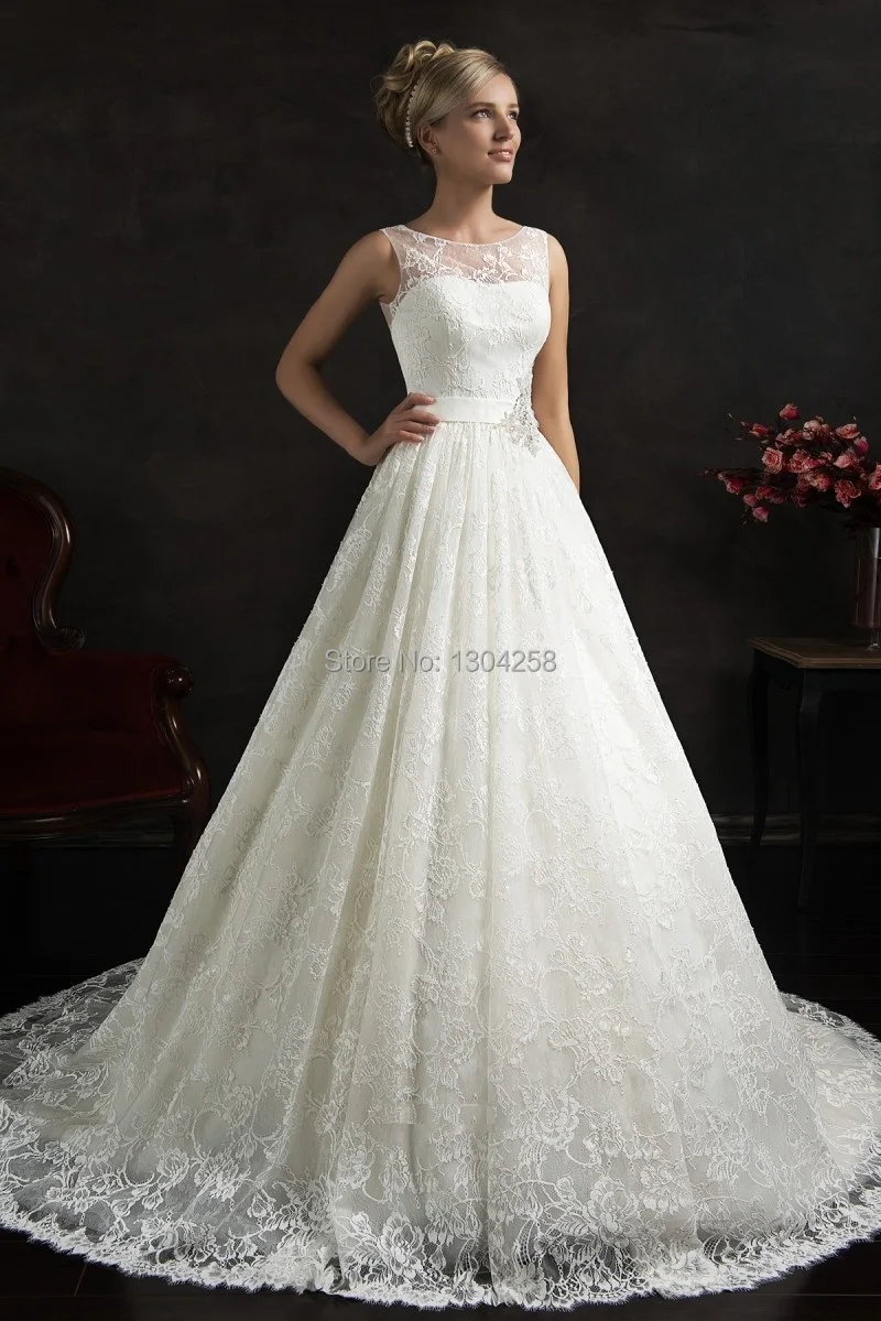 2015 Tank Style Wedding Dresses Empire Waist White Lace Chapel Train Full Botton Back Bridal Gowns Free Shipping | Свадьбы и