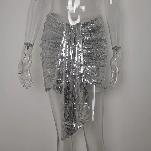 silver Cakucool элегантные длинные юбки с пайетками женские шикарные Асимметричные спереди прямая драпированная короткая юбка со складками сексуальные Клубные вечерние костюмы юбки - Цвет: silver