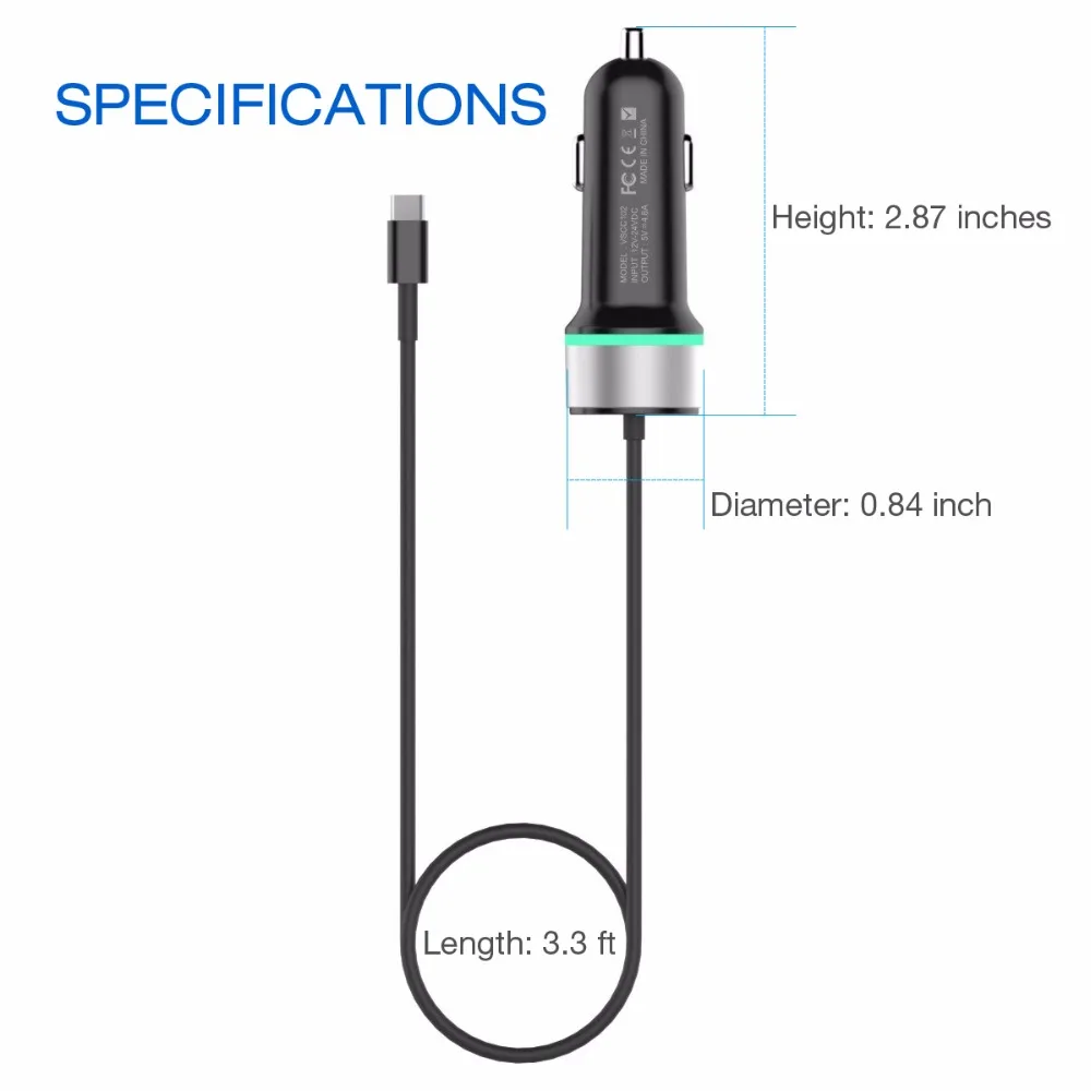 Vinsic Type-C автомобильное зарядное устройство 27 Вт двойной USB 1 м кабель
