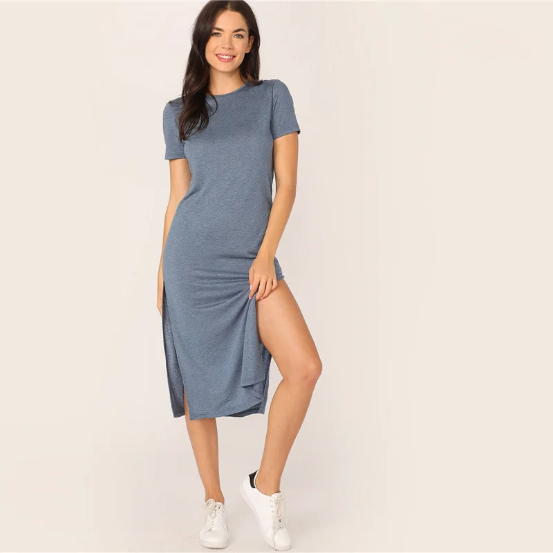 Blue SweatyRocks Solid Split Side Tee Dress Summer Streetwear Blue Dresses Women Casual Short Sleeve Long Dress - Color: Blue