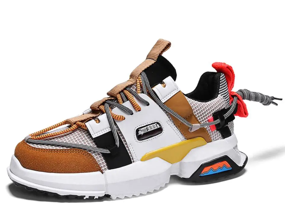 New Tide Men Running Shoes Hand Made PU Upper Men Chunky Sneakers Breathable Platform Shoe Vintage Tennis Chaussures Hombre - Цвет: White Orange