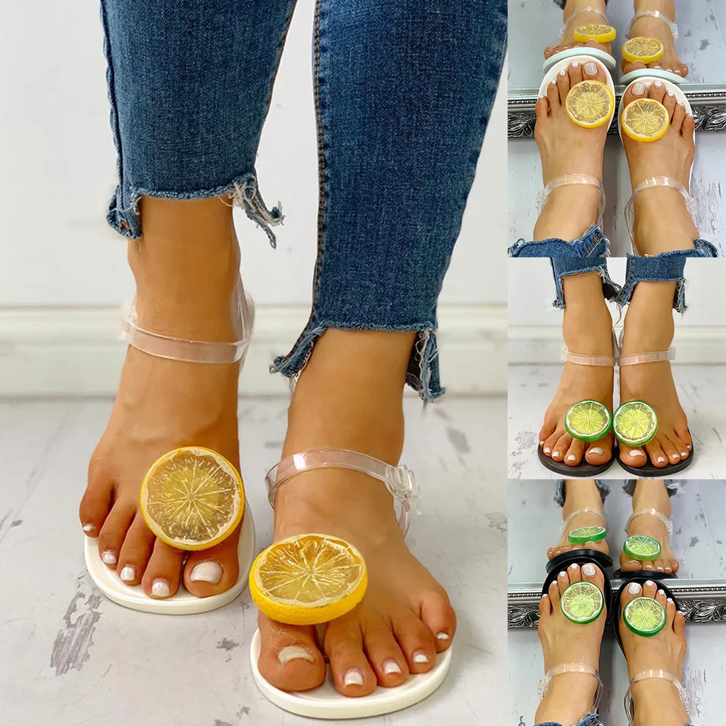 Women's sandals Fashion chaussures femme Transparent Strap sandals women Lemon Pattern Flat Sandals Beach Shoes Slides terlik