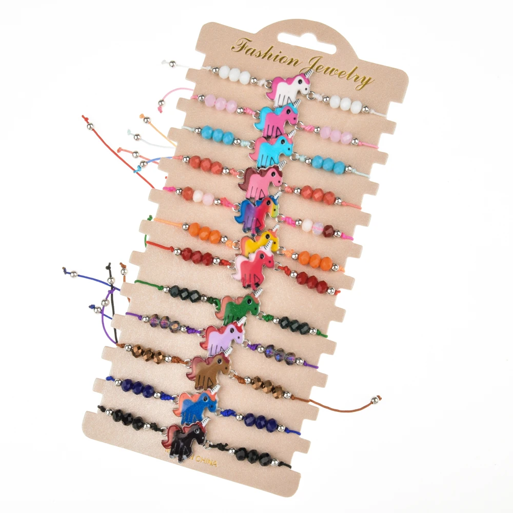 Женский плетеный браслет ручной работы 12 шт./лот с эмалью Сова единорог подвески