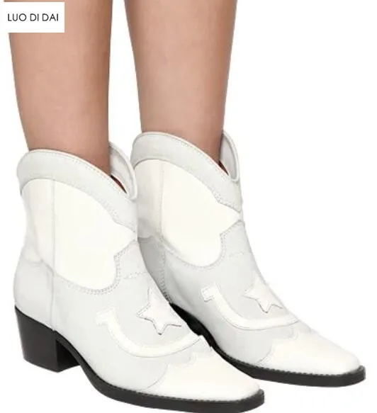 2019 new women white boots block heel ladies ankle embroidery booties party shoes western slip on | Обувь