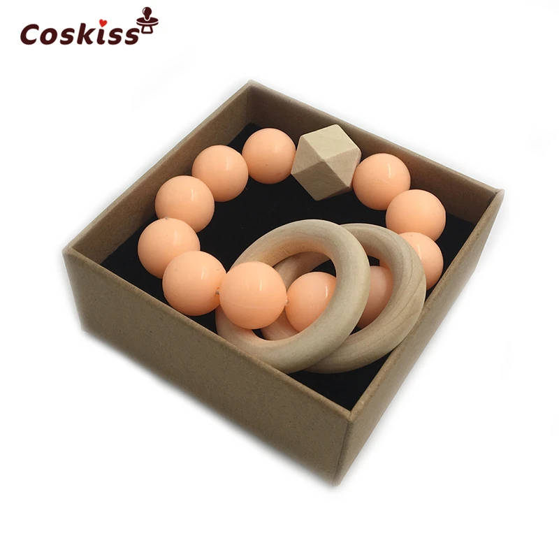 Mordedor para beb&eacute;, pulsera de lactancia con cuentas de silicona de grado alimenticio, mordedor de anillo de madera seguro para la Naturaleza, brazalete org&aacute;nico para beb&eacute;, juguetes-3