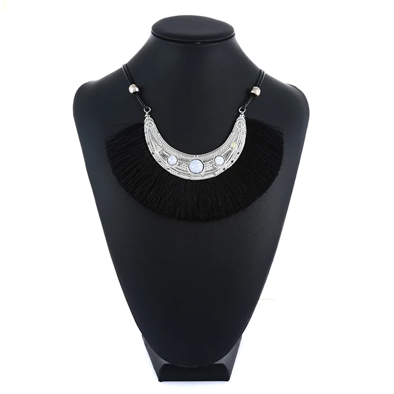 Silver Black KMVEXO богемное ожерелье с подвеской и кисточками, черный, синий, красный, желтый, белый цвета, бахрома с кисточками, Золотая смола, этническая цепочка на свитер, ювелирное изделие, подарок - Окраска металла: Silver Black