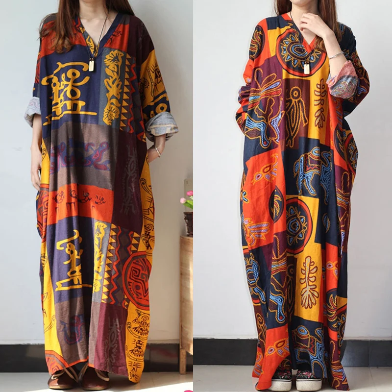 Платье кафтан в стиле бохо большого размера летнее винтажное платье с принтом