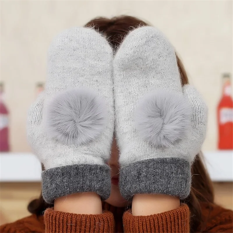 Light Gray Женские вязаные рукавицы с натуральным кроличьим мехом, зимние и осенние теплые шерстяные перчатки высокого качества, модные женские перчатки - Цвет: Light Gray