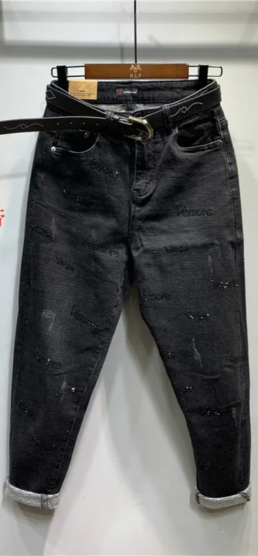 black 2 belt Распродажа, джинсы с высокой талией, джинсы с высокой талией, джинсы для женщин, полная длина, хлопок, свободные штаны-шаровары, светильник, молния, летающие пояса, вымытые, зимние - Цвет: black 2 belt