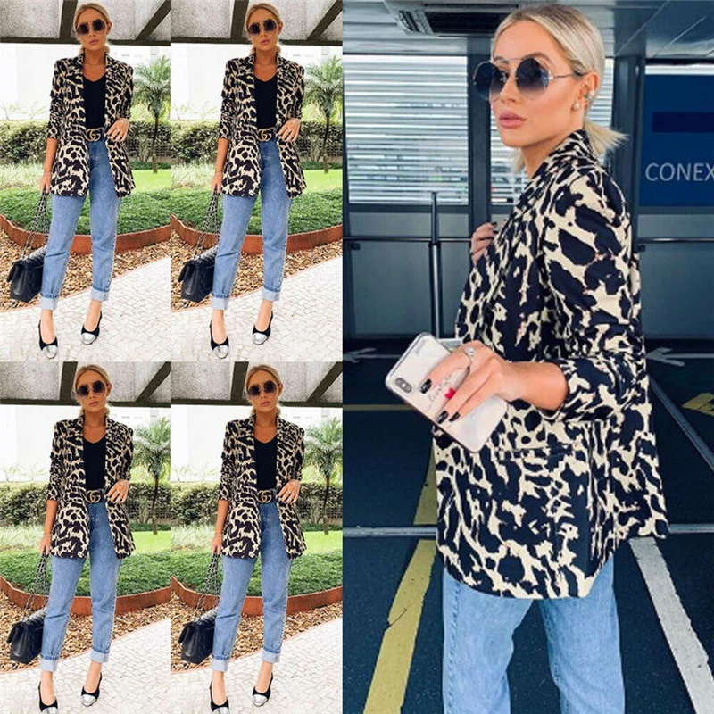 

2019 New Women Leopard Jackets Autumn Turn Down Collar Slim Long Jacket Coats Women OL Elegant Tops Warm Casual Cardigan Coat
