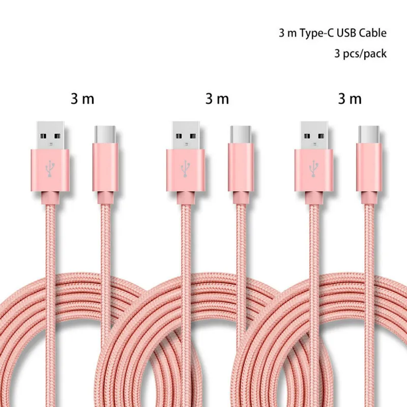 Розовый 3 м ⑤ упак. 5 в 2.4A USB C нейлоновый кабель для зарядного устройства Samsung S10/LG