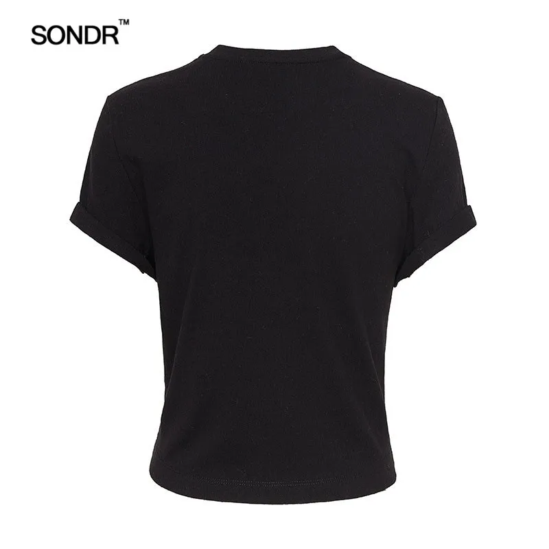 Женская Черная футболка с завязками SONDR летняя хлопковая Футболка высокой талией