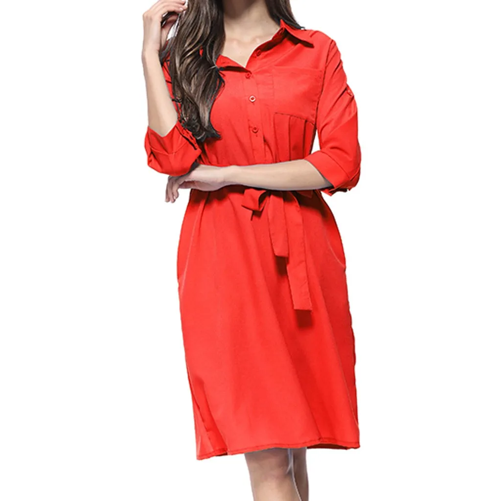 Summer Dress Women Fashion Casual Solid Color Pockets Button Turn-down Collar Three Quarter Sleeve Knee Length Vestidos OY41