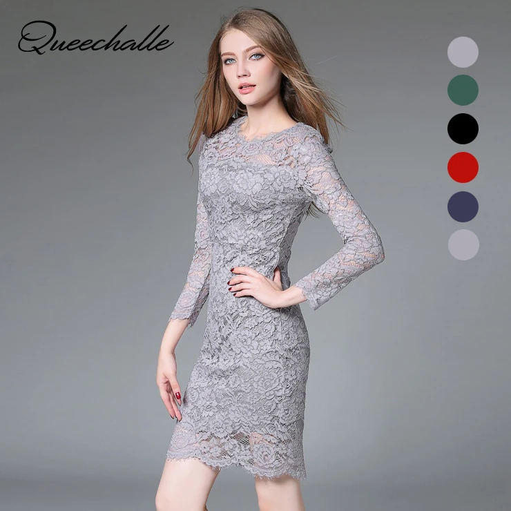 

Queechalle Elegant Women Dress Autumn 2021 O Neck Long sleeve Hollow Out Lace Dress Female Gray Black Red Navy Deep Green Color