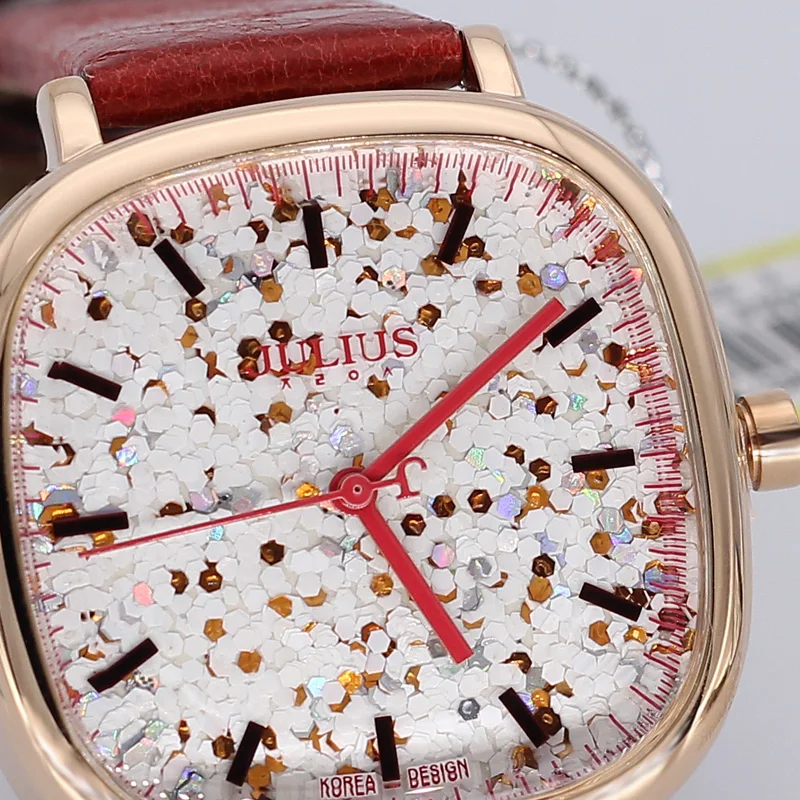 Часы Top Julius женские кварцевые с блестками модные часы кожаным браслетом подарок