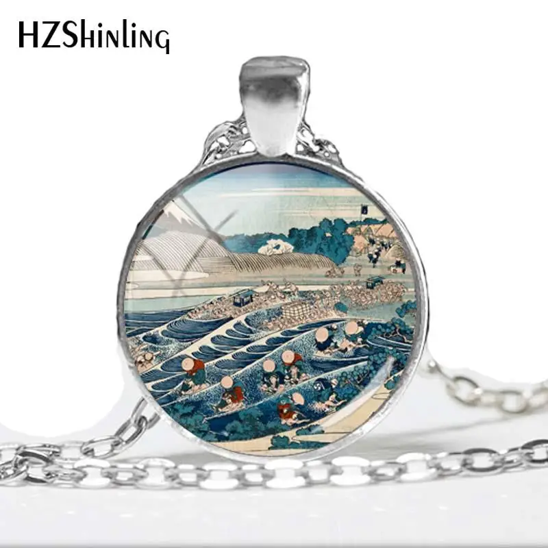 2018 NEW The Great Wave Necklace Japanese Artist Painting Pendant Handmade Jewelry Round Glass Cabochon Necklaces HZ1 | Украшения и