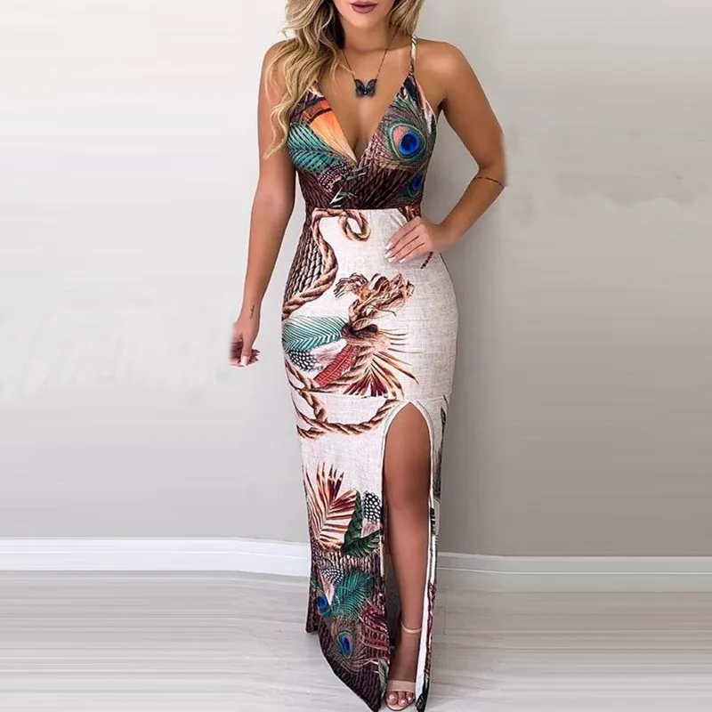 С принтом &quotпавлиньи перья&quot Макси платье женское летнее с разрезом Спагетти