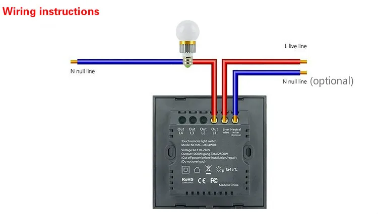 EU/UK Standard Wireless Remote Control Dimmer Light Switch 1 Gang Touch Panel 110V to 240V Blue LED Backlight DIY Smart Home