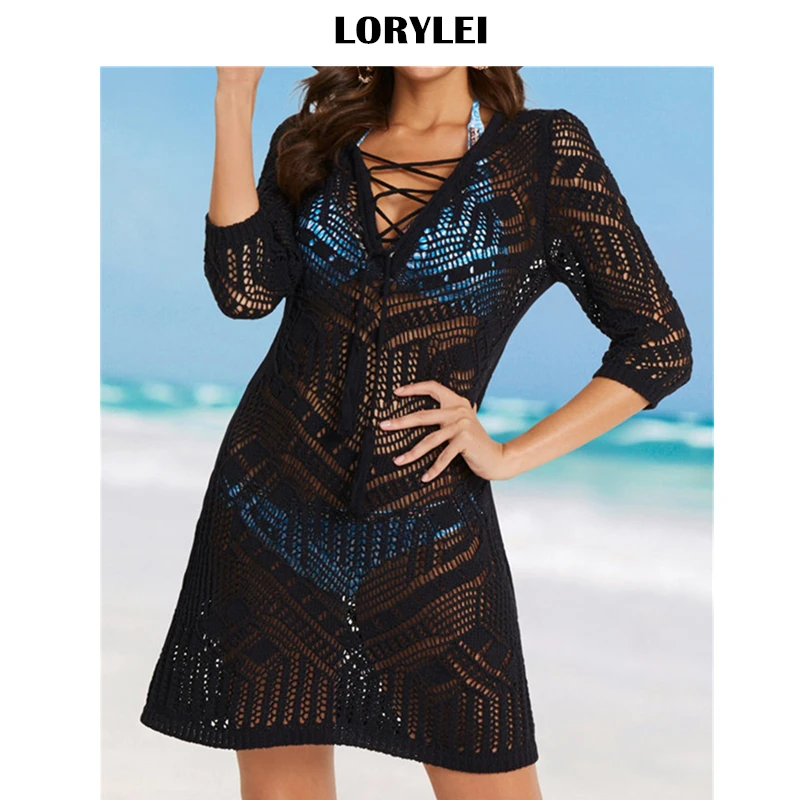 Женское Прозрачное платье-туника летнее пляжное мини-платье со шнуровкой и