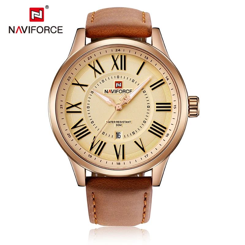 NAVIFORCE Брендовые мужские кожаные Золотые спортивные часы модные римские