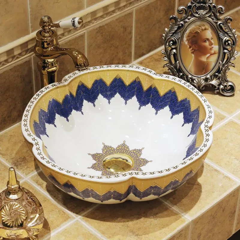 

Flower Shape Europe Style Handmade Countertop Ceramic Bathroom Basin Bathroom Sink ceramic washbasin china art wash basin