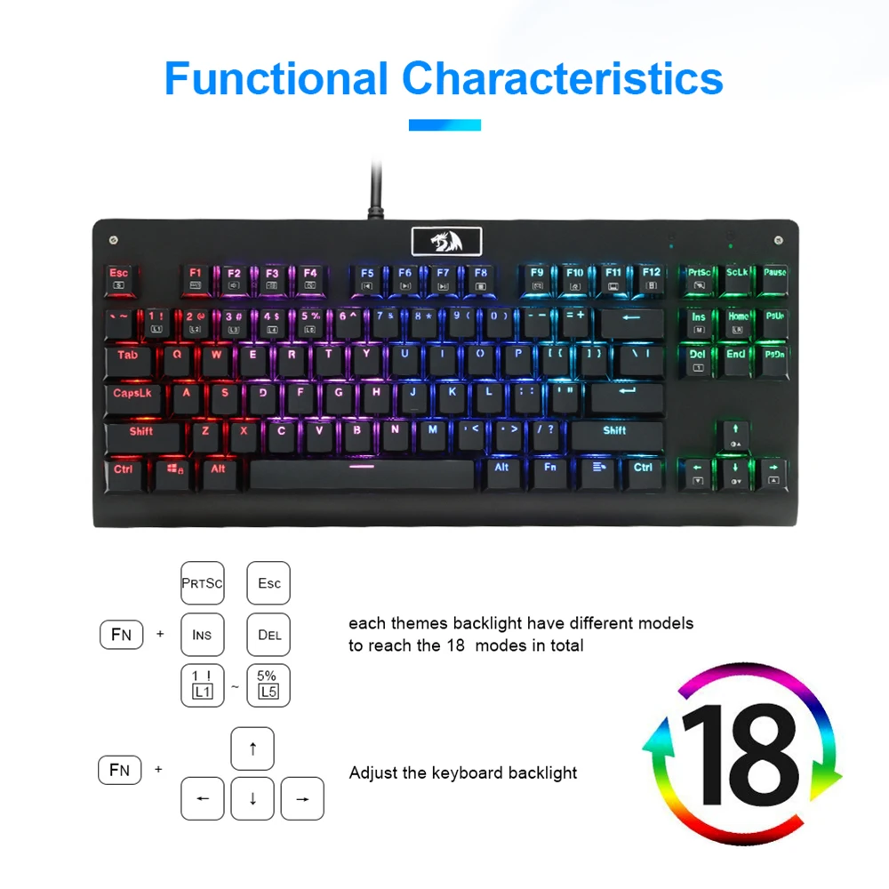 REDRAGON K568RGB игровая клавиатура, USB Проводная Механическая клавиатура, 87 клавиш, 8 режимов подсветки с брелоком, съемник для ПК, компьютера, геймера