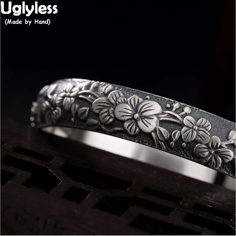 Женский винтажный браслет из тайского серебра 99.9% пробы с цветком сливы|Гибкие и