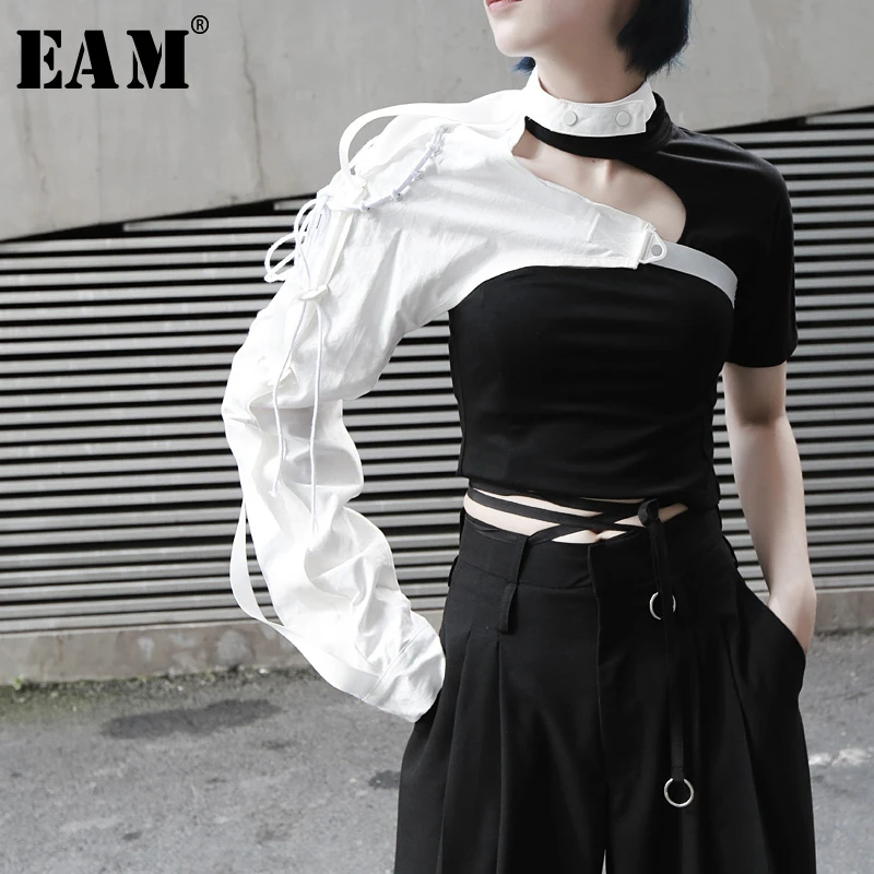 [EAM] New Spring Summer Lapel One-sided Long-sleeved Accessories Irregular Personality Shirt Women Blouse Fashion JX407