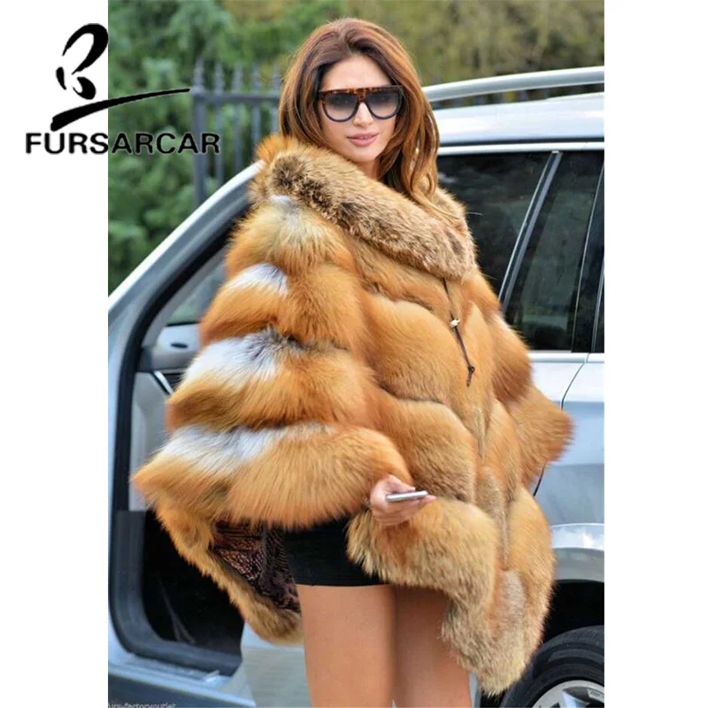 FURSARCAR 2021 New Luxury Real Gold Fox Fur Shawls Winter Thick Warm Women Coats With Fur Collar Fashion Fur Cape For  Female
