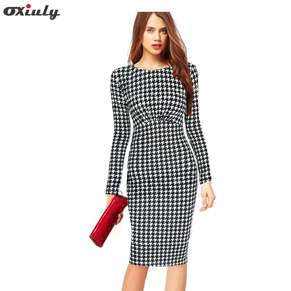 Oxiuly Newest Autumn Women Long Sleeve Elegant Dot Empire Waist Stretchy Bodycon Pencil Dresses Casual Knee-Length Dress S-XXL | Женская