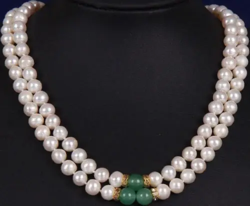 Beautiful NEW double strands 9-10MM GREEN bead SOUTH SEA WHITE PEARL NECKLACE18