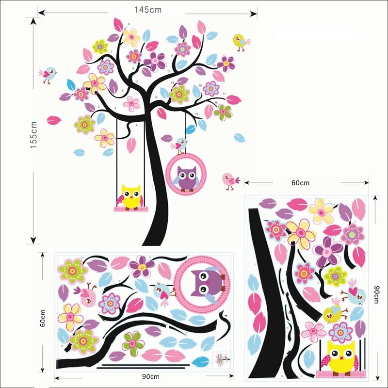 Design 1 78ab Kawaii совы, настенные наклейки для детской спальни, украшения для детской комнаты, Мультяшные детские наклейки для дома для девочек, 78ab, животные, дерево, Фреска, искусство 3,0 - Цвет: Design 1 78ab