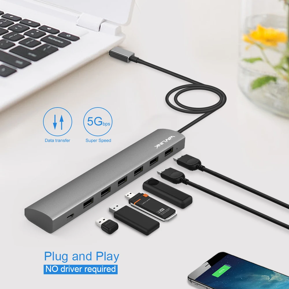 Высокоскоростной разветвитель на 7 портов с адаптером питания 5 В/6 А USB C hub