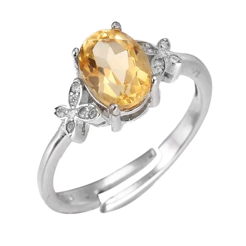 Fine Jewelry 925 Silver Rings for Women 8*6mm Citrine Yellow Oval Natural Gemstone Adjustable Ring Elegant Wedding Bands R-CI002 | Украшения
