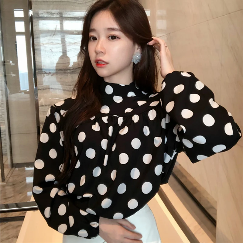 BGTEEVER Elegant Stand Collar Polka Dot Women Blouse Shirt Full Lantern Sleeve Chiffon Female Blouses 2018 Autumn Blusas |