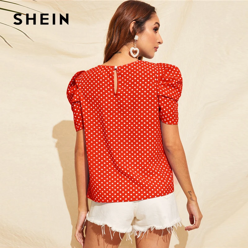 SHEIN летняя блузка в горошек с замочной скважиной на спине, с пышными рукавами, женская одежда, повседневные женские топы с круглым вырезом и коротким рукавом