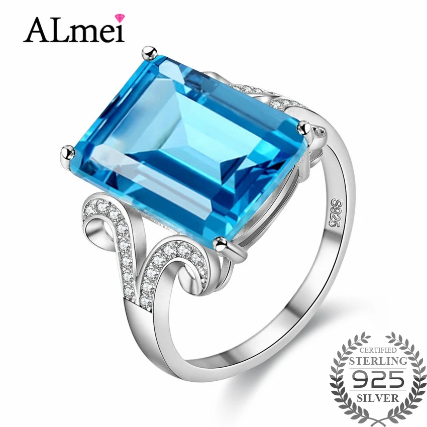 Almei 8ct прямоугольник светло голубой топаз Обручальное кольцо с изумрудом
