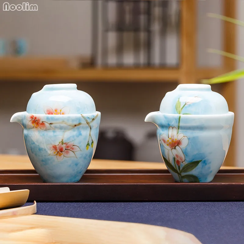 NOOLIM Longquan Celadon Цзиндэчжэнь ручная роспись персиковая Лилия чайный набор чайник 1 горшок 1 чашка путешествия портативный чайный набор кунг-фу