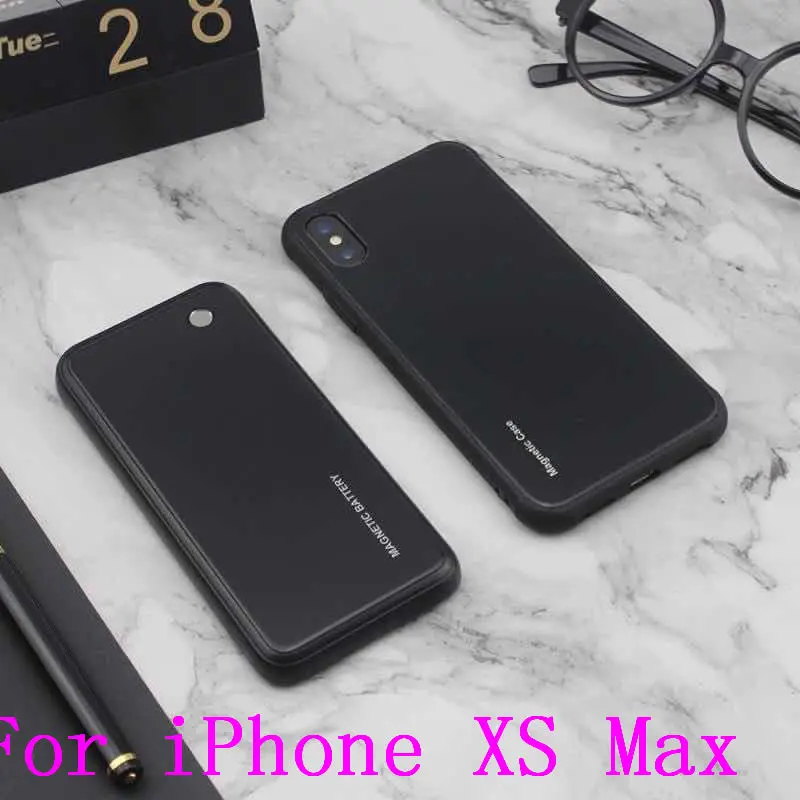 Тонкий чехол с зарядным устройством из закаленного стекла для iPhone XR X Xs Max, беспроводной магнитный внешний аккумулятор, Противоударная задняя крышка - Цвет: iXS Max-Black